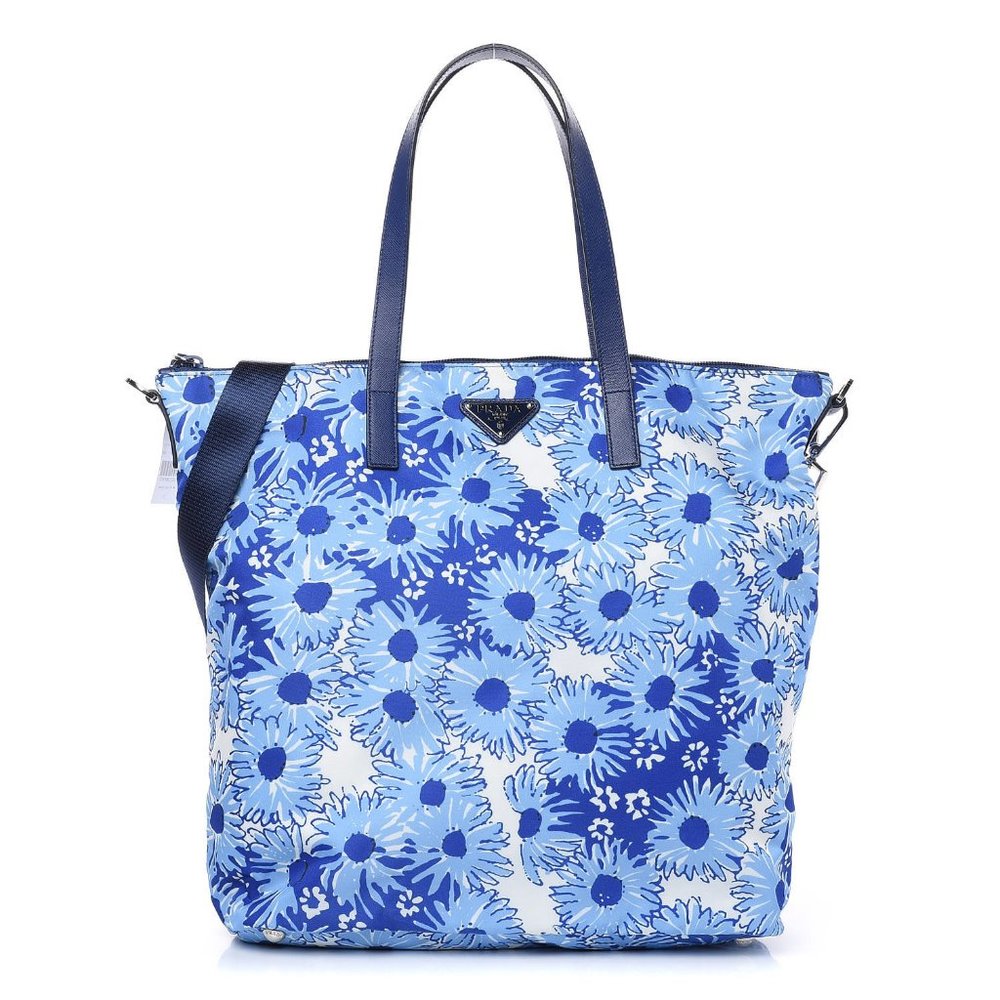 Prada Donna Lady Nylon Tote Blue and White Floral
